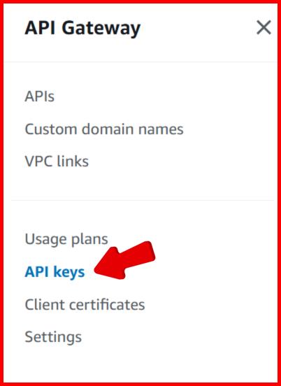 Picture showing the API Keys menu option in API gateway